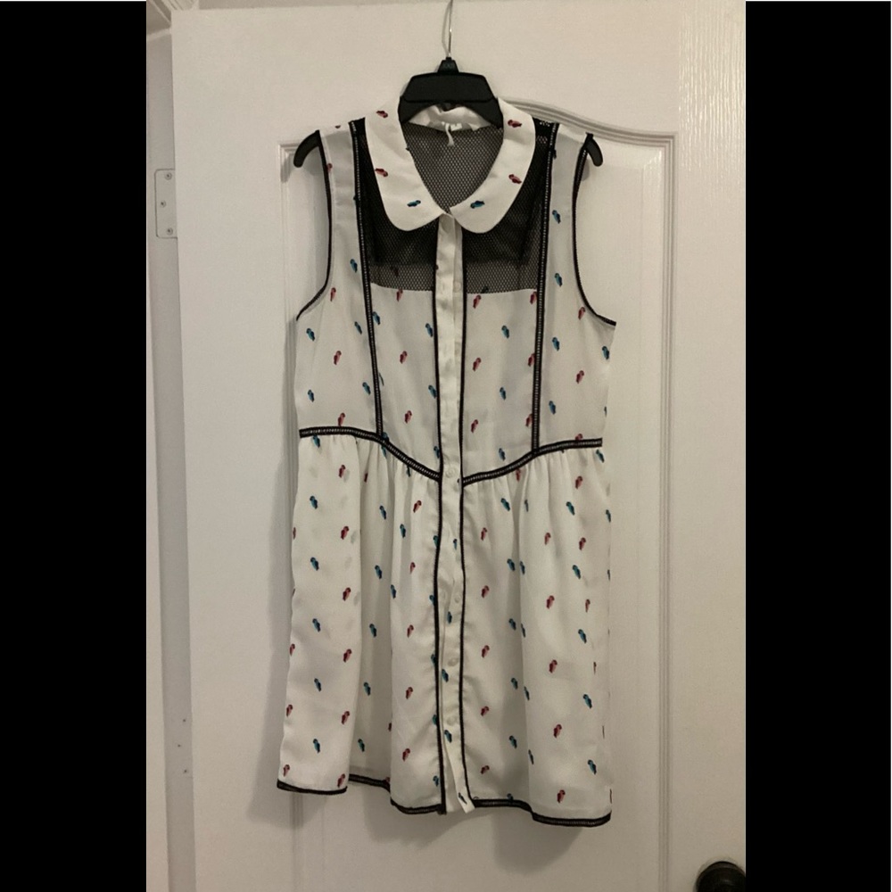 BCBGeneration - Collard Sleeveless Dress - White with pink/blue birds - Size S